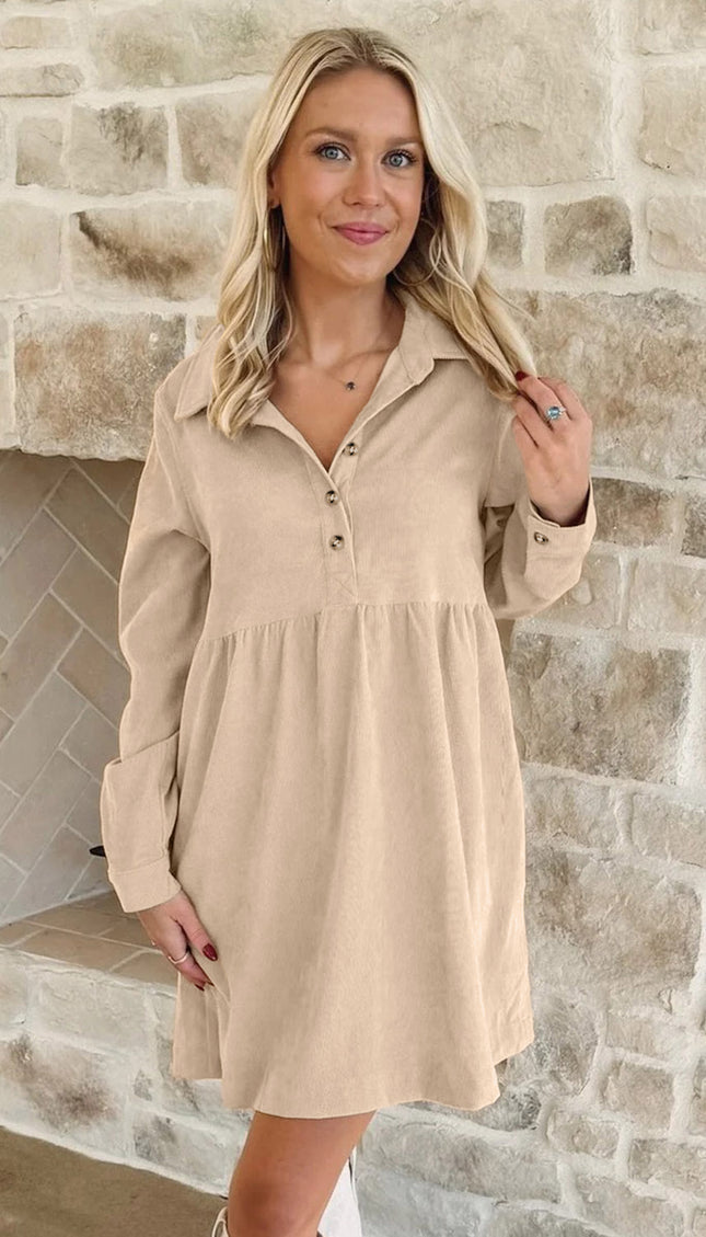 Oatmeal Corduroy Half Button Collared Long Sleeve Mini Dress
