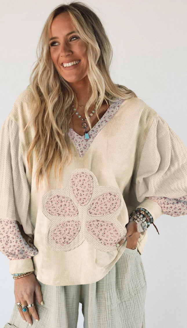 Beige Floral Textured Colorblock Patchwork Bishop Sleeve Hooded Top